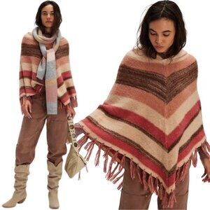 Free People Striped Turtleneck Poncho Women's OS Cherry Stripe Fringe Hooded NWT